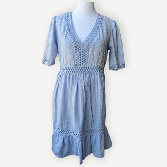 Knox Rose Short Sleeve Blue Embroidered V-Neck A-Line Lined Mini Dress. Small. - Picture 1 of 7